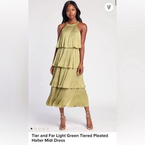 Tier and Far Light Green Tiered Pleated Halter Midi Dress